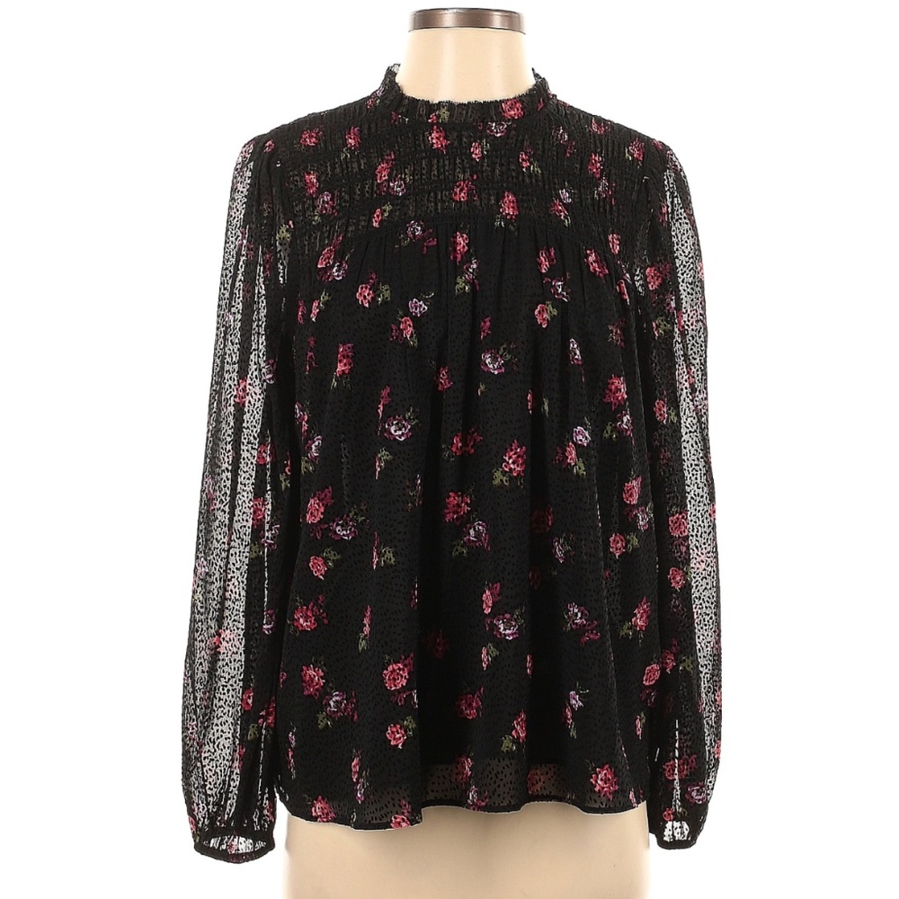 Black with pink flowers all-over long sleeve blouse